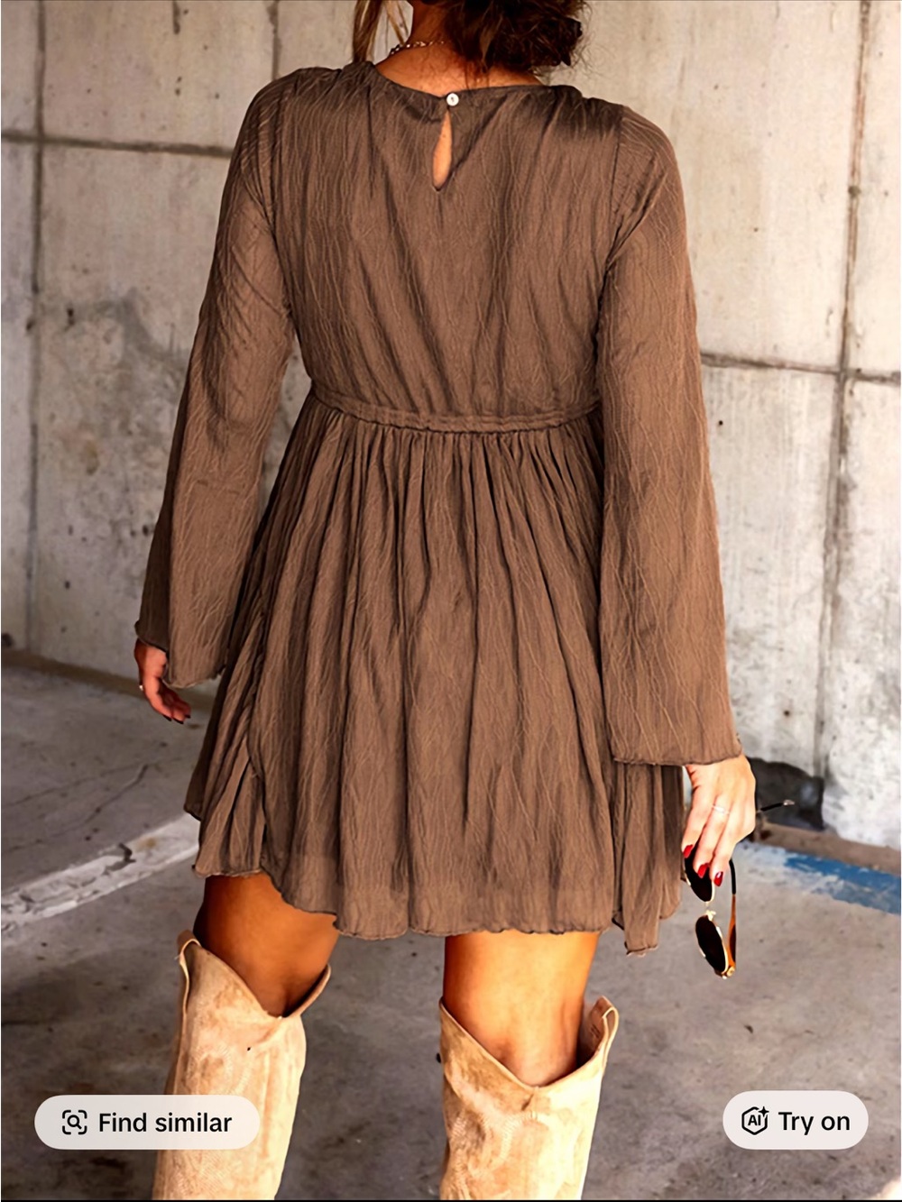 Boho V-Neck Long Sleeve Mini Dress in Taupe - Picture 4 of 4